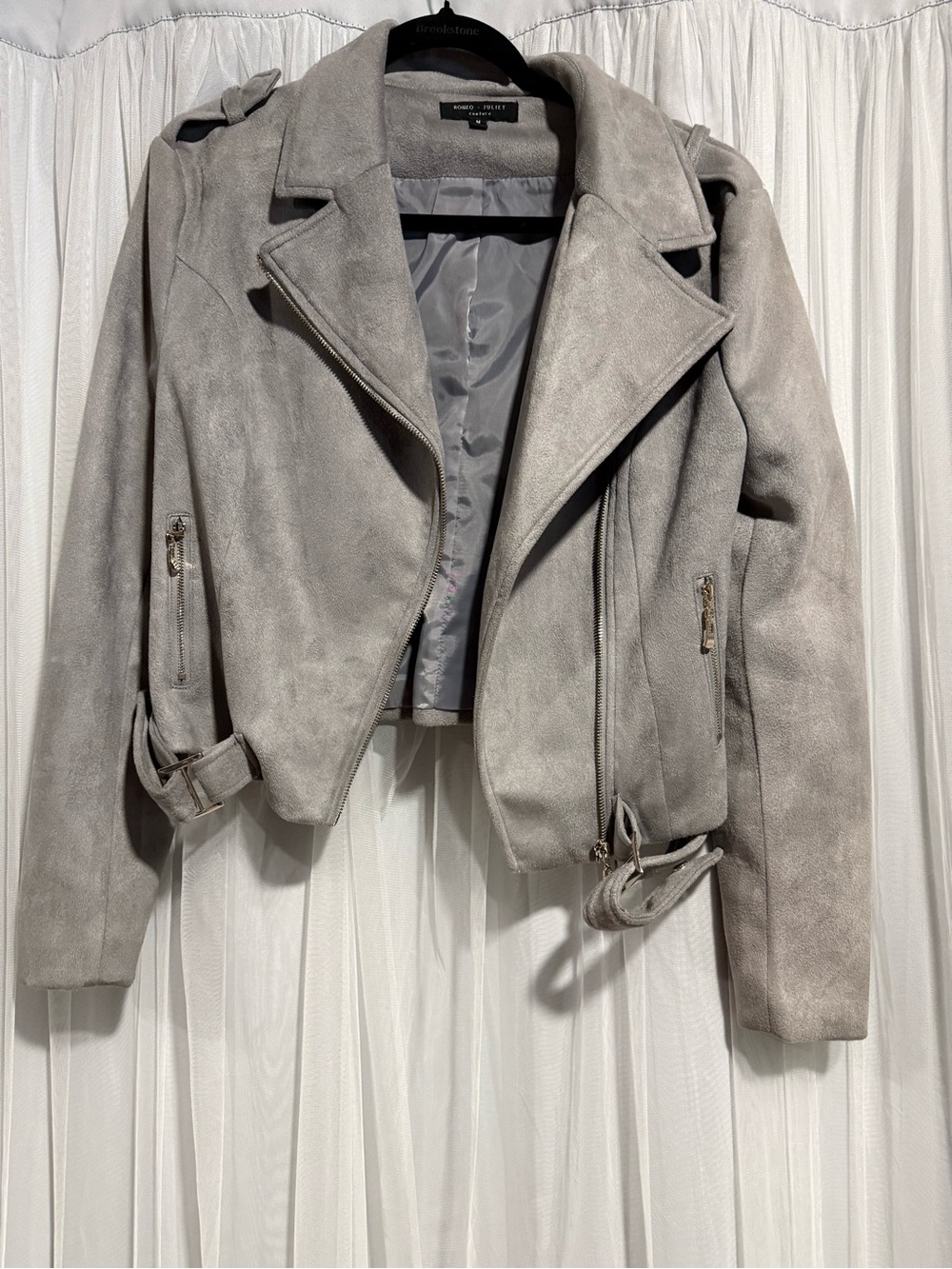 Romeo & Juliet Couture Light Gray Suede-Look Biker Jacket